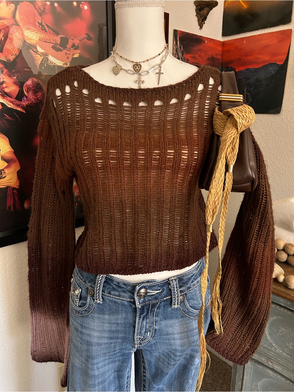 Fairy Grunge Distressed Knit Sweater Womens Size XS Brown Holes Bell Sleeve Crop